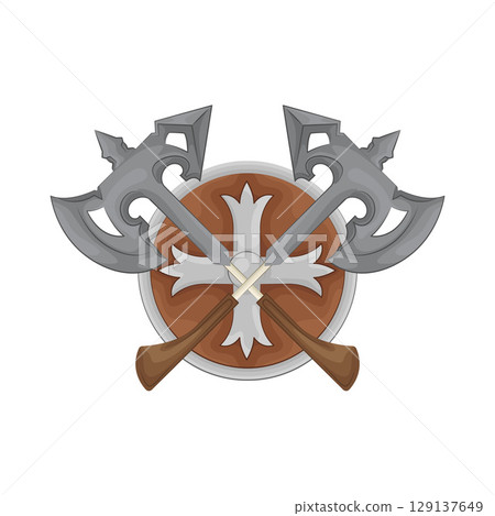 Illustration of Round shield with crossed axe Illustration of Round shield with crossed axe 129137649