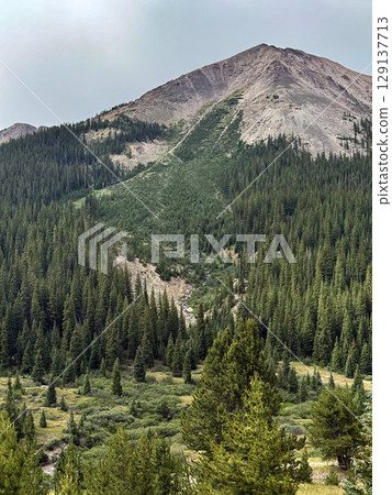 Majestic Mountain Peak Rising Above Evergreen Forest Majestic Mountain Peak Rising Above Evergreen Forest 129137713