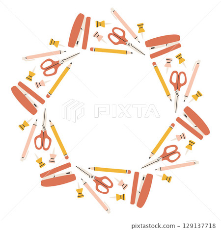 Simple school circle frame. Round school themed border made of different school objects. Soft pastel colors back to school hand drawn vector banner isolated on white background. Simple school circle frame. Round school themed border made of different school objects. Soft pastel colors back to school hand drawn vector banner isolated on white background. 129137718