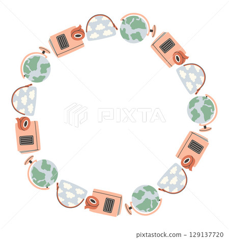 Simple school circle frame. Round school themed border made of different school objects. Soft pastel colors back to school hand drawn vector banner isolated on white background. Simple school circle frame. Round school themed border made of different school objects. Soft pastel colors back to school hand drawn vector banner isolated on white background. 129137720
