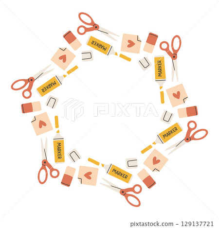 Simple school circle frame. Round school themed border made of different school objects. Soft pastel colors back to school hand drawn vector banner isolated on white background. 129137721