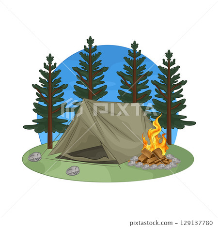 Illustration of Bonfire near the tent 129137780