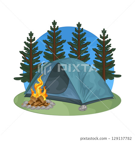 Illustration of Bonfire near the tent 129137782