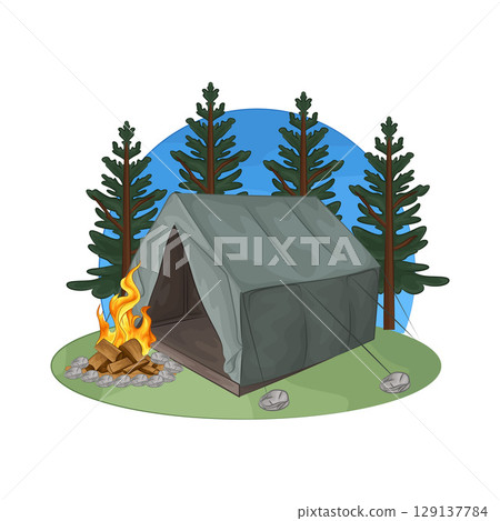 Illustration of Bonfire near the tent 129137784
