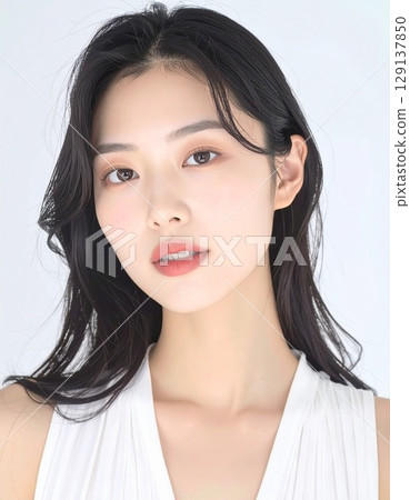 A close-up of a Japanese woman with fair skin, carefully captured, exuding youth and cleanliness. 129137850