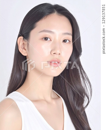 特寫：一位日本女性，皮膚白皙，精心捕捉，散發著青春和潔淨。 129137851