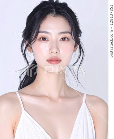 A close-up of a Japanese woman with fair skin, carefully captured, exuding youth and cleanliness. 129137853