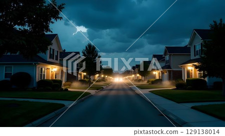 Evening storm clouds gather over a quiet suburban neighborhood with street lights illuminating the driveways Evening storm clouds gather over a quiet suburban neighborhood with street lights illuminating the driveways 129138014