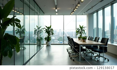 Modern office meeting room with panoramic city views and vibrant indoor plants 129138017