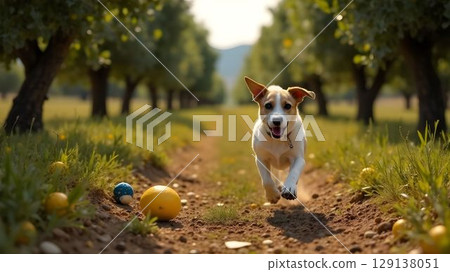 Dog pet running merrily in the garden along the path Dog pet running merrily in the garden along the path 129138051
