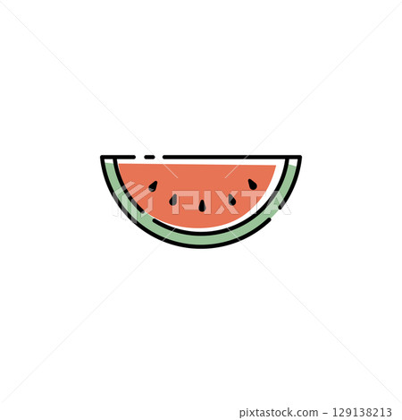 Cute vector icon of cut watermelon (color, line drawing) 129138213