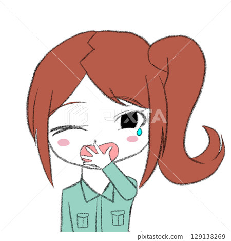 A girl in work clothes yawning 129138269