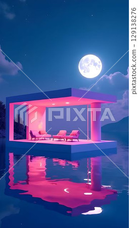 Unique floating lounge illuminated by moonlight on tranquil waters at night 129138276