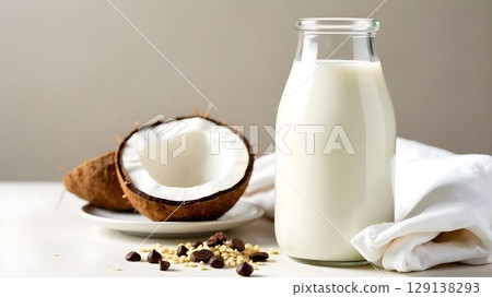 Creamy coconut milk in a glass bottle beside a broken coconut on a white table with chocolate chips and nuts 129138293