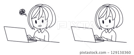 擅長使用電腦的人和不擅長使用電腦的人的線條畫出插圖 129138360