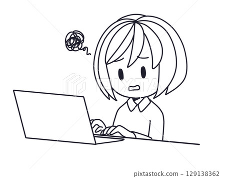 Line drawing of an illustration of a woman having trouble using a computer 129138362
