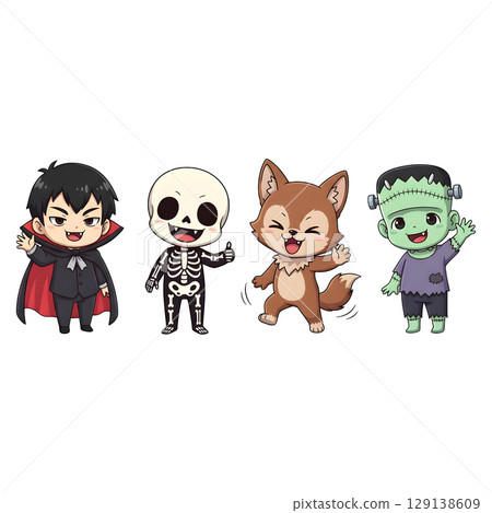A cute child in a anime-style cartoon Halloween costume, happy for Halloween. Transparent background. 129138609
