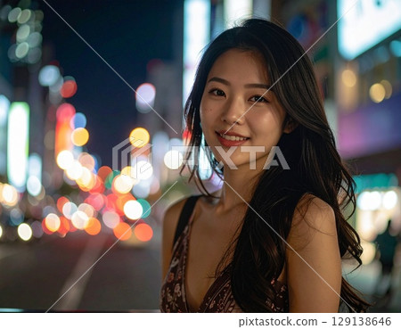 夜晚的城市裡，黑髮女子微笑 129138646