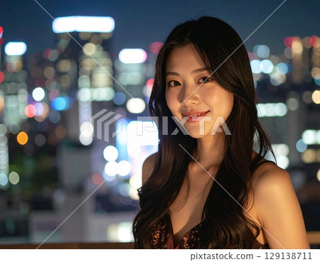 微笑的女人，背景是夜景 129138711