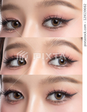 Close up beautiful Asian female eyes with contact lens, long eyelashes and beauty makeup for commercial beauty advertising. Close up beautiful Asian female eyes with contact lens, long eyelashes and beauty makeup for commercial beauty advertising. 129139082