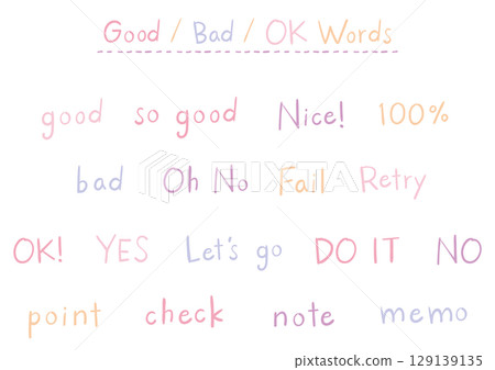 Handwritten English phrase set including OK, YES, NO, etc., in felt-tip pen style | Women's color 129139135