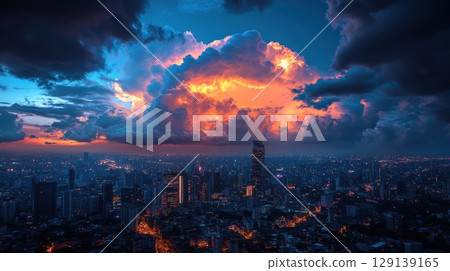 A city skyline is lit up at night with a large orange cloud in the sky 129139165