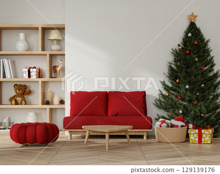 Festive Minimalist Living Room with Christmas Tree 3D Render 129139176