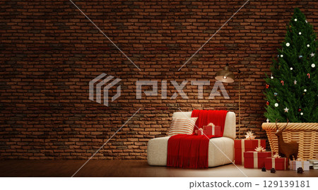 Cozy Christmas Corner with Brick Wall and Festive Decor 3D Render Cozy Christmas Corner with Brick Wall and Festive Decor 3D Render 129139181