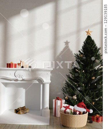 Elegant Holiday Scene with Fireplace and Gifts 3D Render Elegant Holiday Scene with Fireplace and Gifts 3D Render 129139185