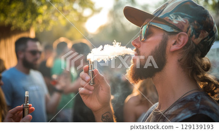 Bearded male in sunglasses vaping electronic cigarette, releasing vapor cloud amid summer music festival crowd Bearded male in sunglasses vaping electronic cigarette, releasing vapor cloud amid summer music festival crowd 129139193