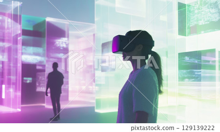 Female professional experiencing virtual reality display, navigating interactive digital exhibit in vibrant illuminated environment 129139222