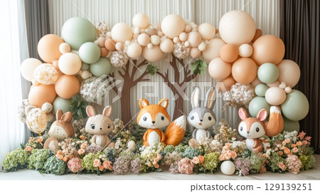 A group of stuffed animals, including rabbits and foxes 129139251