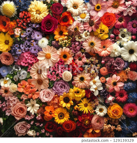 A colorful bouquet of flowers with a variety of colors and types 129139329