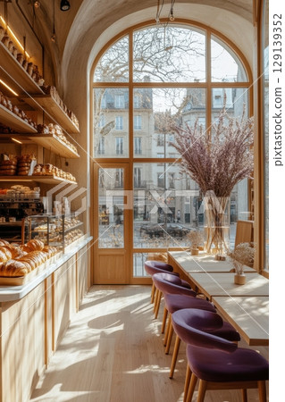 A bakery with a window display and a vase of flowers A bakery with a window display and a vase of flowers 129139352