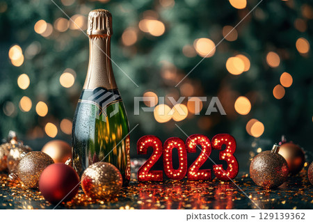 A bottle of champagne is on a table next to a red 129139362