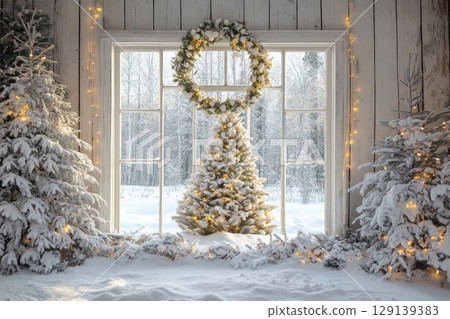 A Christmas tree is surrounded by snow and a wreath 129139383