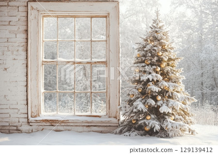 A Christmas tree is surrounded by snow and sits in front of a window A Christmas tree is surrounded by snow and sits in front of a window 129139412