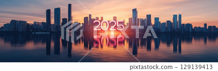 A city skyline with the year 2025 written in neon letters 129139413