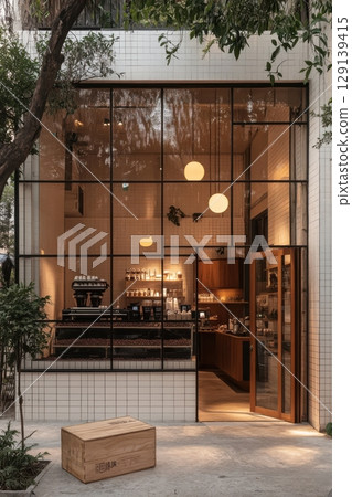 A small cafe with a wooden box on the sidewalk 129139415