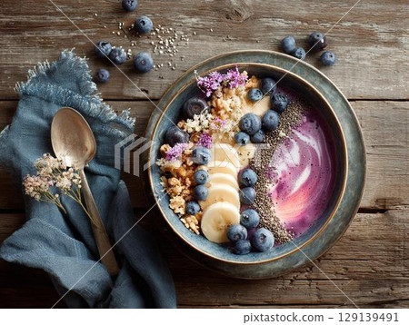 Acai bowl with plenty of fruit, served with a metal spoon Acai bowl with plenty of fruit, served with a metal spoon 129139491