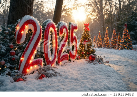 A sign with the number 25 and the letters "2025" is lit up in red and white 129139498
