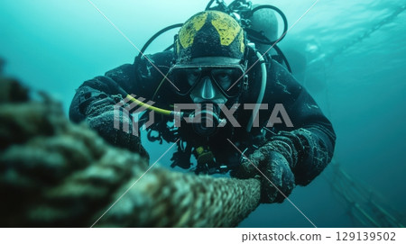 People are underwater, working on a pipe 129139502