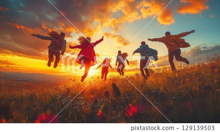 A group of people are jumping in the air in a field 129139503