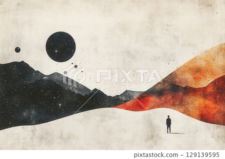 A painting of a man standing in a desert with mountains in the background A painting of a man standing in a desert with mountains in the background 129139595