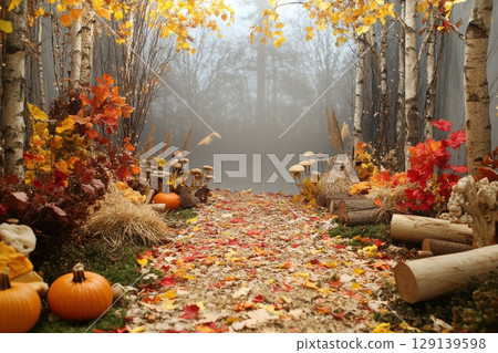 A path through a forest with autumn leaves and pumpkins 129139598
