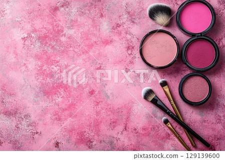 A pink background with makeup brushes and makeup on a table 129139600