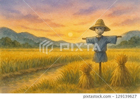 Harvest Field with Scarecrow at Dusk 129139627