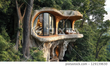 A house made of rocks and wood is perched on a hillside 129139630