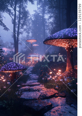 A forest scene with three glowing blue mushrooms and a glowing tree A forest scene with three glowing blue mushrooms and a glowing tree 129139799