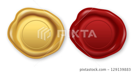 Vector 3d Realistic Wax Seal Set, Isolated. Red, Gold Vintage Wax Stamp. Antique Sealing Wax Emblem. Retro Envelope Closure. Classic Heraldic Insignia. Wax Badge for Invitation, Certificate 129139883